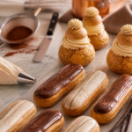 Créez une photographie éditoriale gourmande et élégante de pâtisserie française