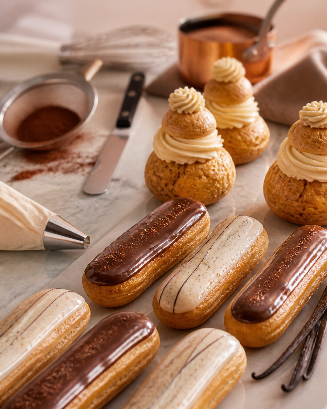 Créez une photographie éditoriale gourmande et élégante de pâtisserie française