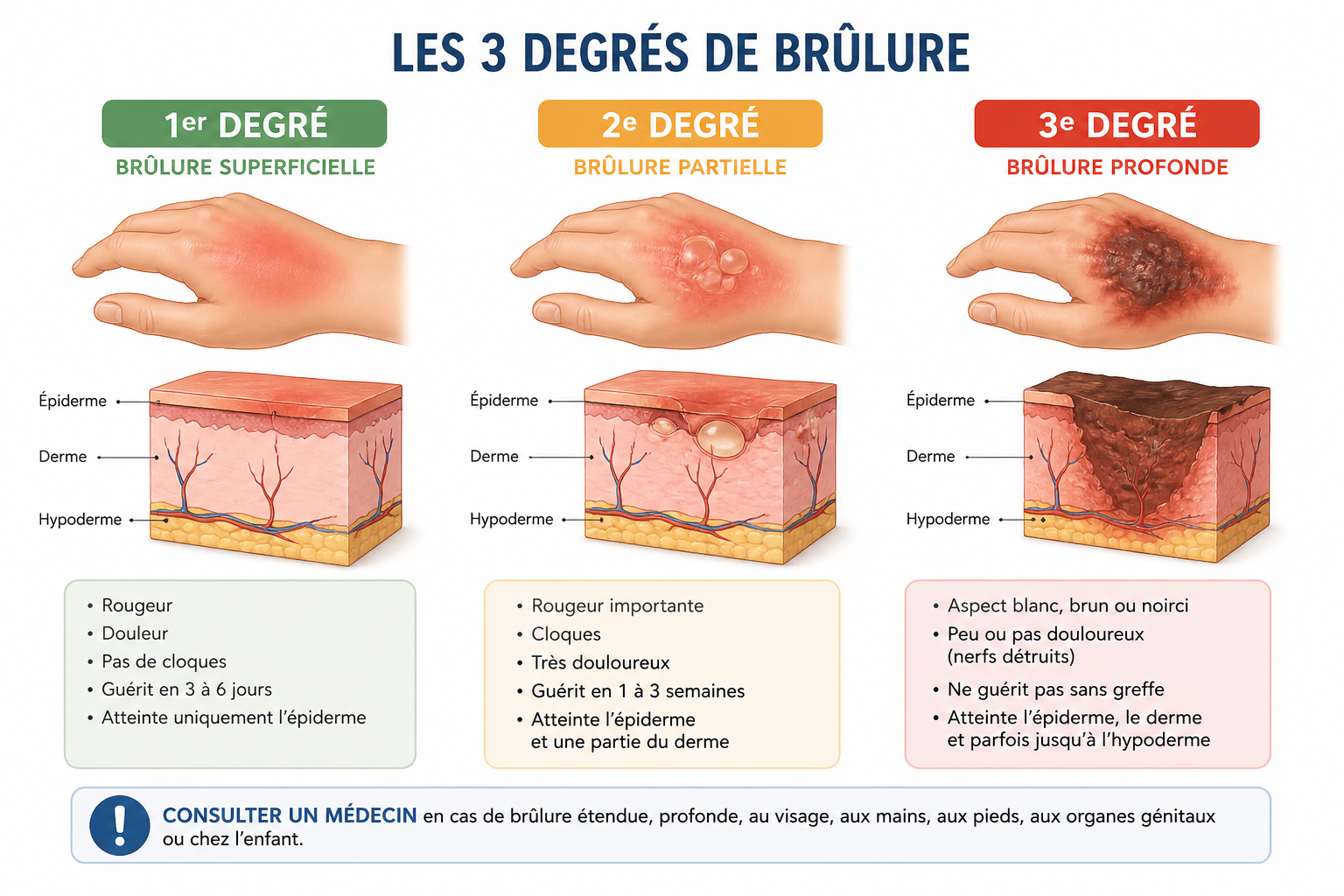 illustration simple 3 degrés brûlure (visuel éducatif)