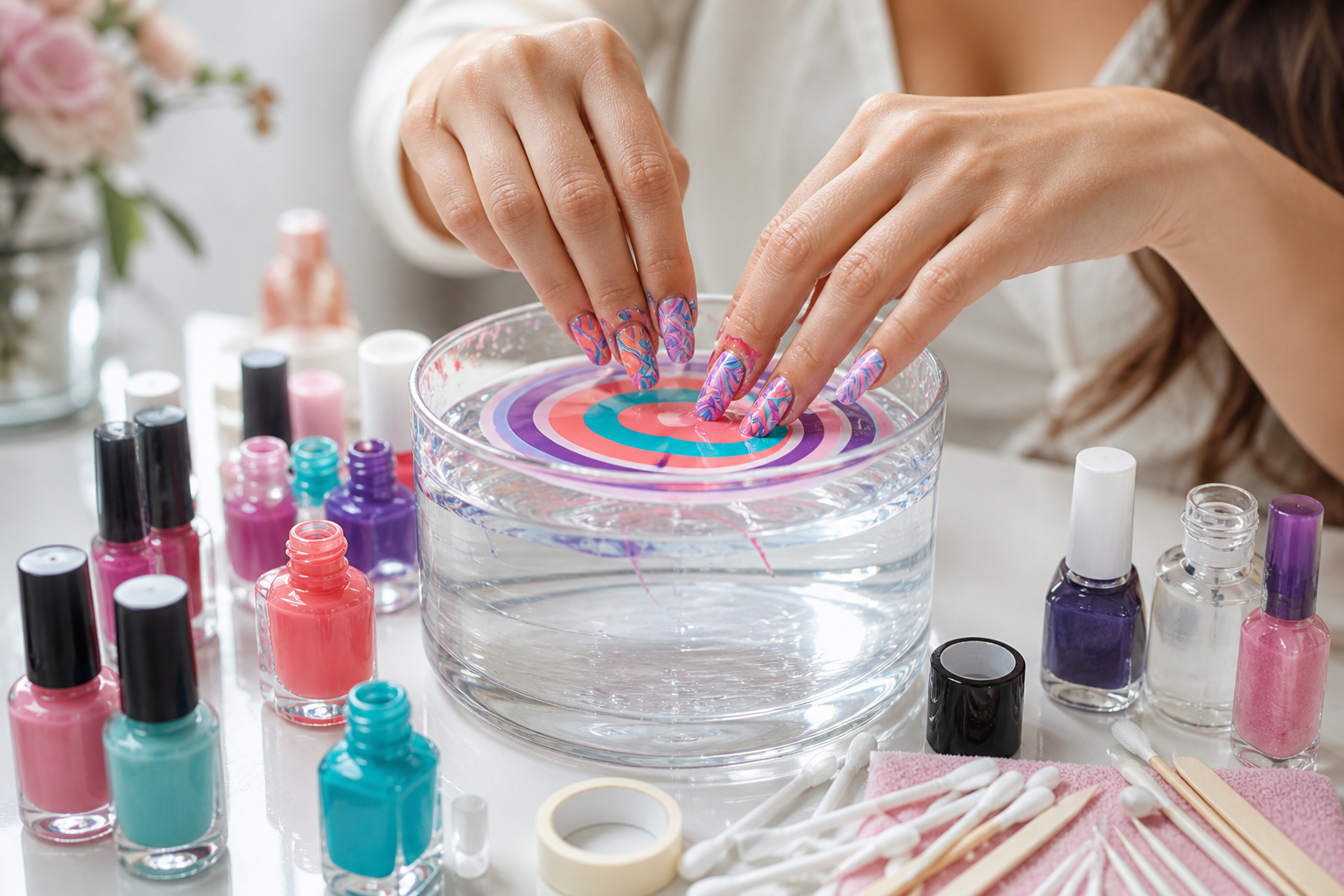 Photographie éditoriale réaliste et élégante d’une séance de Nail Art Water