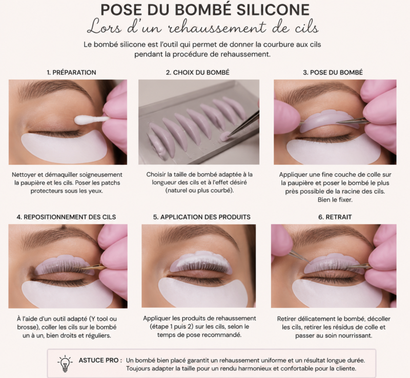 Pose du bombé silicone lors d'un rehaussement de cils en institut