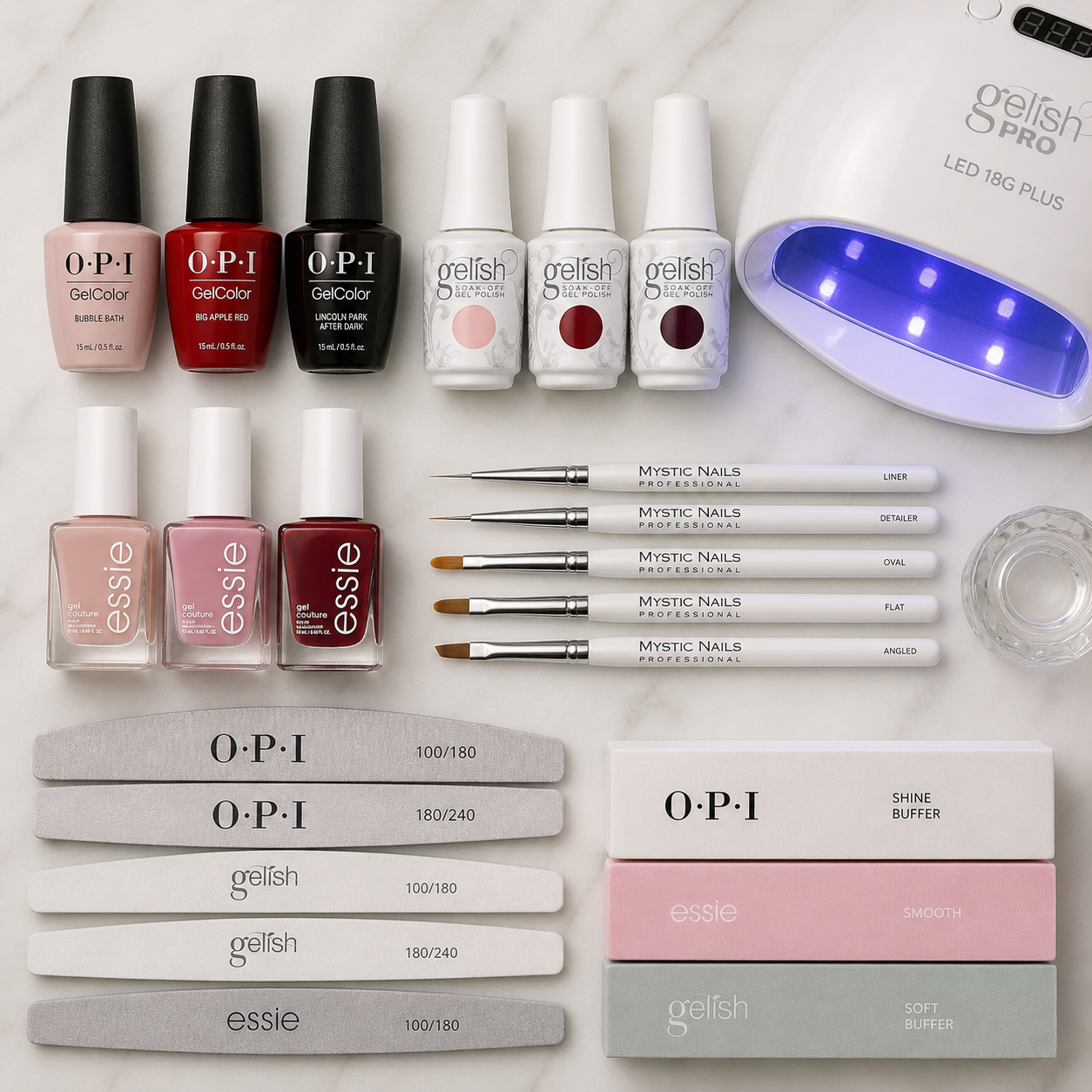 Produits pro recommandés Flat lay : vernis semi-permanent marques (OPI, Gelish,