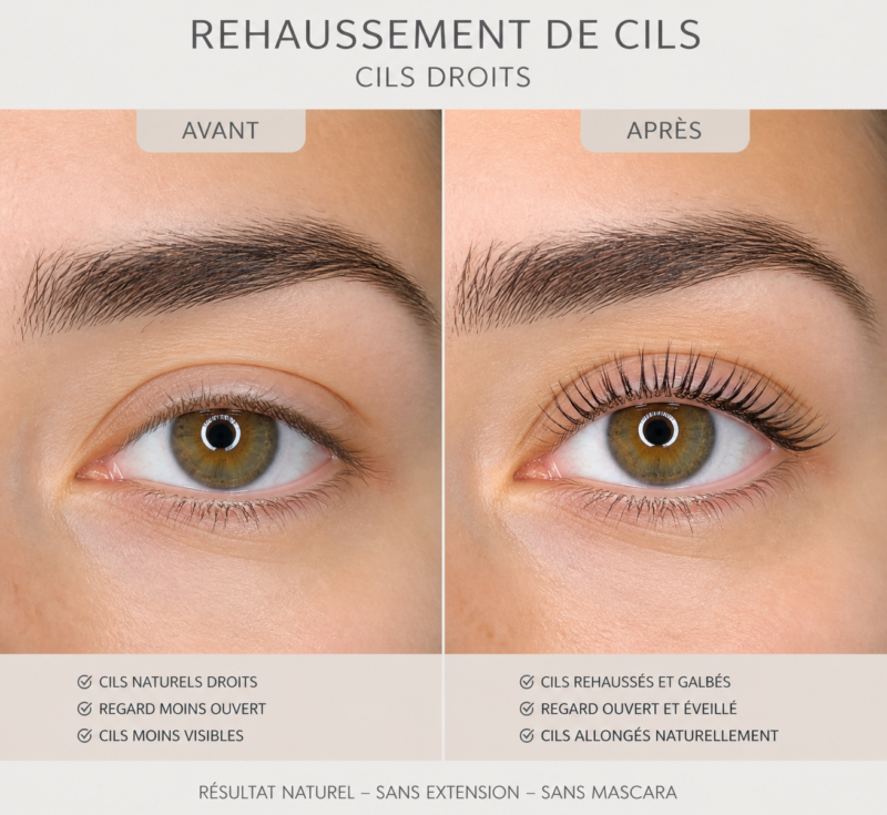 Résultat avant après rehaussement de cils sur cils droits